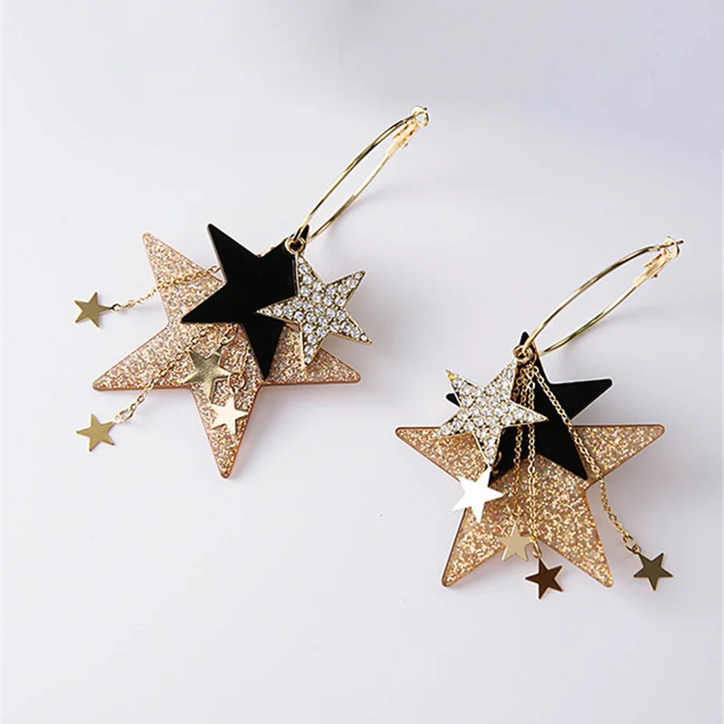 Korean Girl Cute Exaggeration Rhinestone Sequin Pentagram Star Tassel Big Circle Drop Earrings for Fashion Women Accessories | Украшения и