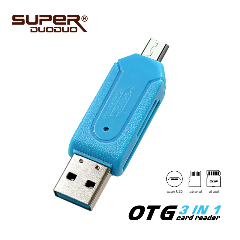 blue OTG 3 в 1 считыватель карт памяти для ПК/micro usb флэш-накопитель/micro sd карта/sd высокоскоростная карта otg кардридер - Цвет: blue