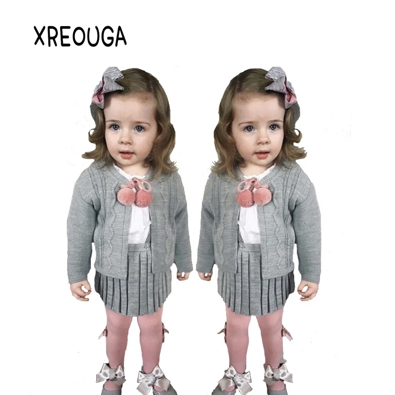 Новые зимние комплекты для детей 2 шт. шерстяной вязаный свитер куртка pom школьная