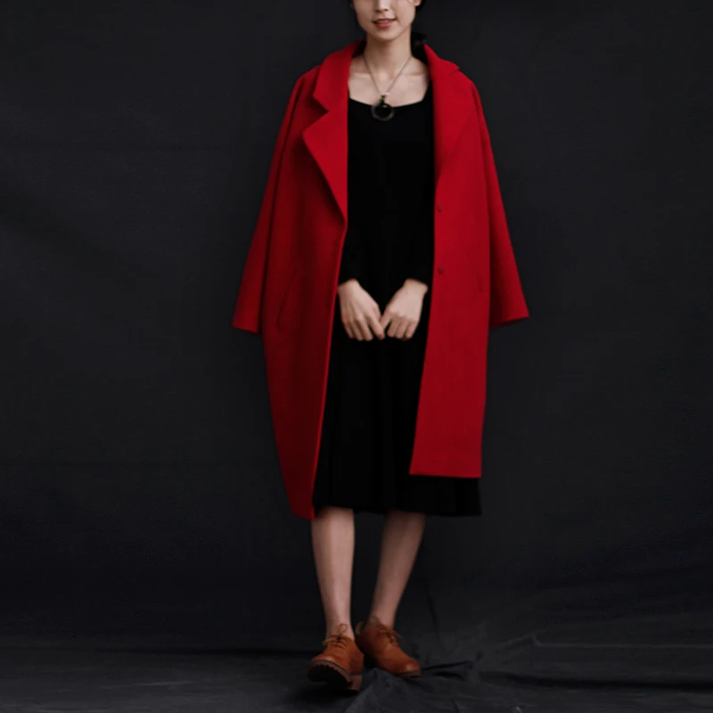 Once the New Retro coat collar suit slow homemade woolen loose cocoon shaped long red knee | Женская одежда