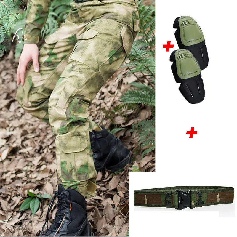 Pants With Pads belt Военные тактические брюки мужские Мульти карманные Панталоны лягушка КАРГО КАМУФЛЯЖ рабочие брюки армейский Охотник SWAT Combat CS Брюки наколенники - Цвет: Pants With Pads belt