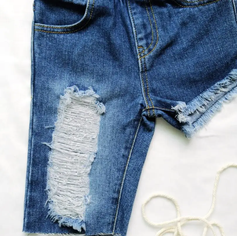 Детские рваные джинсы с эластичной резинкой на талии короткие штаны для малышей
