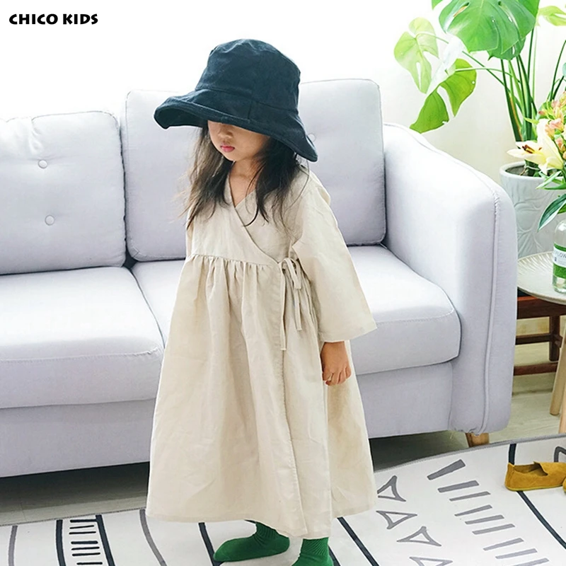 Новое Хлопковое платье с длинными рукавами в Корейском стиле для девочек 2 цвета