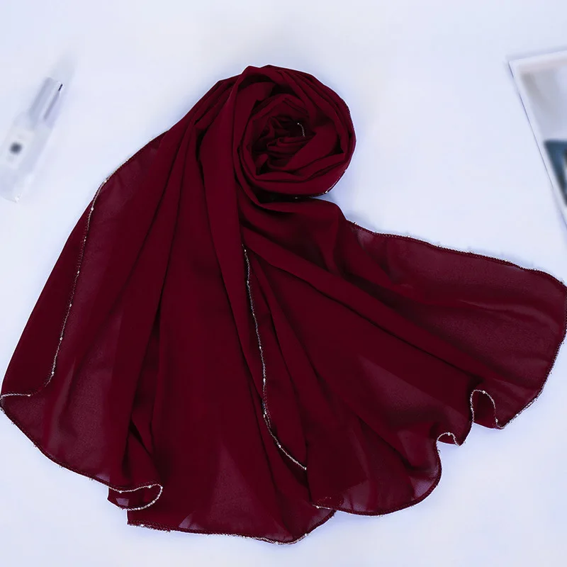 Plain Luxury Gold Chain Bubble Chiffon Instant Hijab Shawl Women High Quality Beads Shimmer Wrap Headband Stole Muslim Scarves |