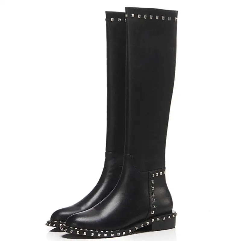 Женские сапоги с заклепками MEMUNIA черные до колена из натуральной кожи на низком