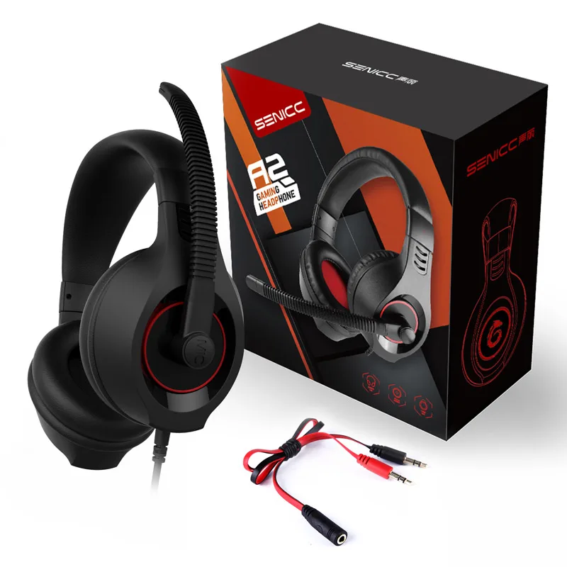 Red with gift box SENICC A2 PS4 Noise Cancelling Gaming Headset Stereo Surround Sound Gamer Headphones with Mic Voice Controller for Phone Pad - Цвет: Red with gift box