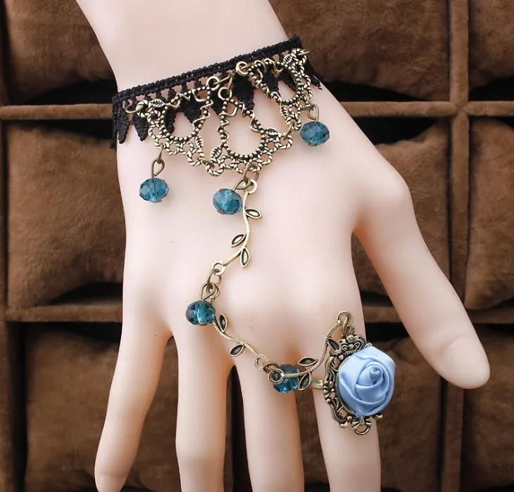 Женский винтажный браслет в стиле стимпанк Черная кружевная цепочка на палец с