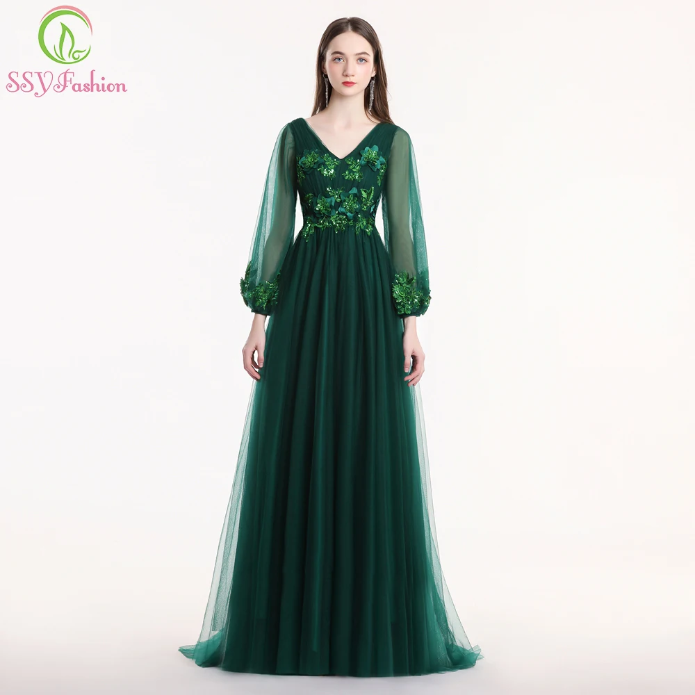 SSYFashion/Новинка; милое фиолетовое и розовое кружевное платье с цветочным узором для выпускного вечера; вечерние платья с длинным рукавом и v-образным вырезом; вечернее платье на заказ - Цвет: Зеленый