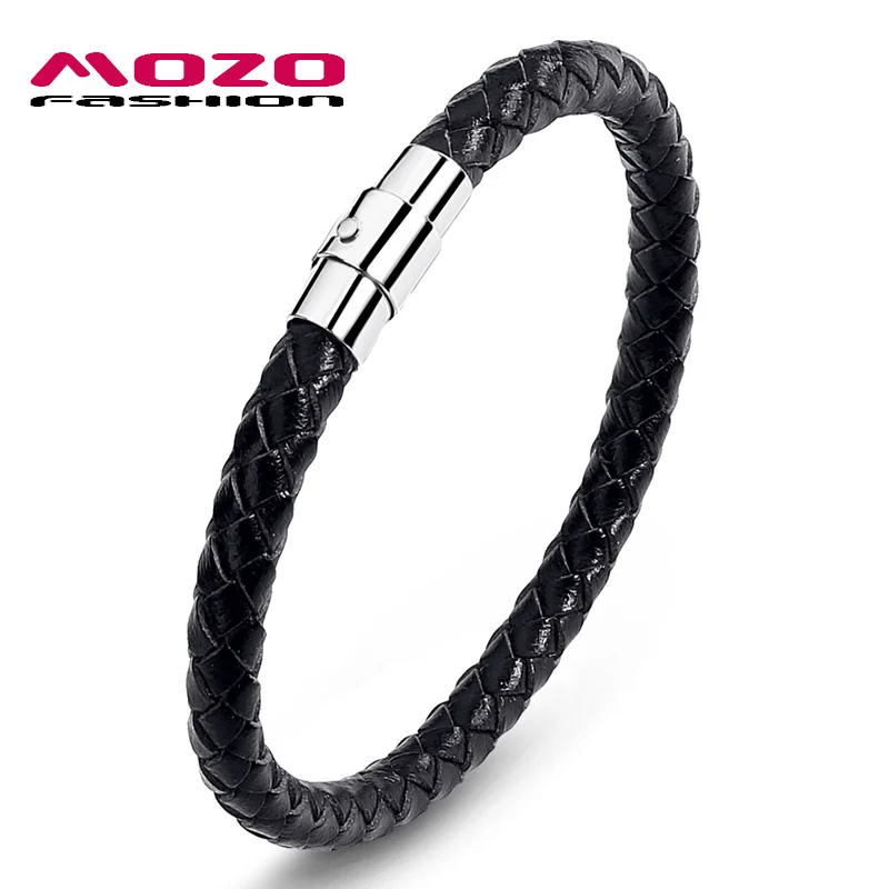 Black MOZO, модный мужской браслет, кожа, веревка, цепь, браслеты, нержавеющая сталь, магнитный браслет из застежек, мужские подарки, Винтажные Ювелирные изделия PS0026 - Окраска металла: Black