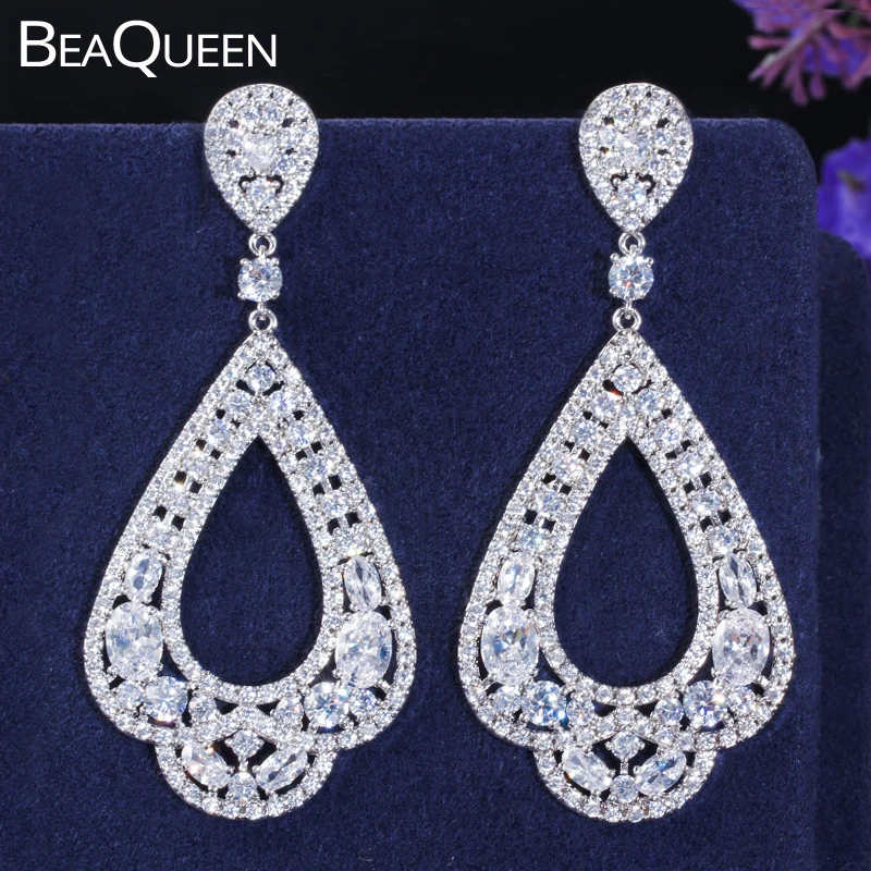 

BeaQueen Elegant Big Statement Dangle Drop Long Earrings Women AAA Cubic Zirconia Crystal Silver Color Wedding Jewelry E190