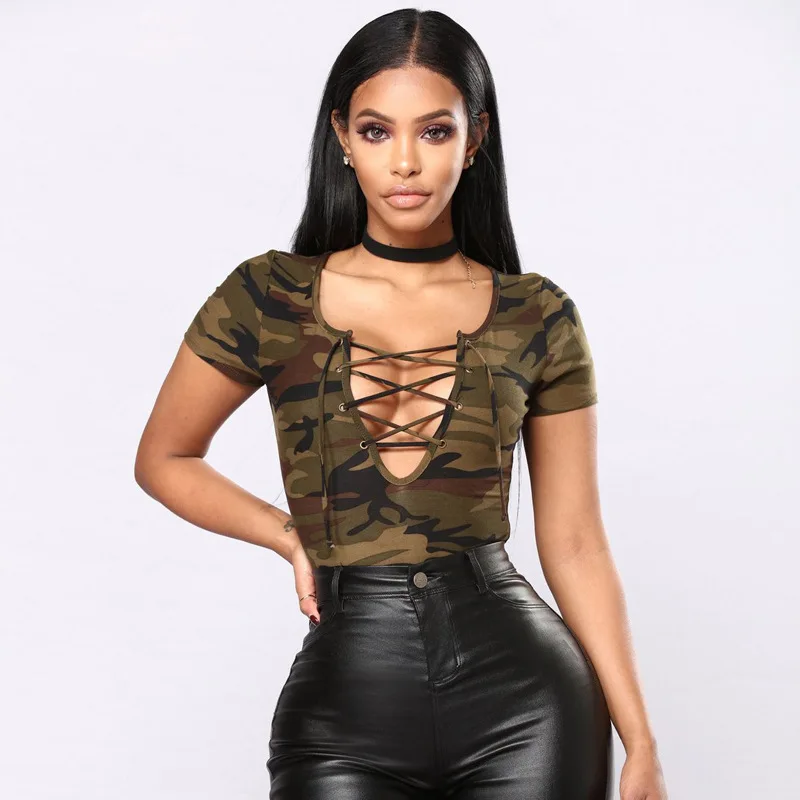 2018 Sexy Slim Lace Up Camouflage Jumpsuits For Women Lady