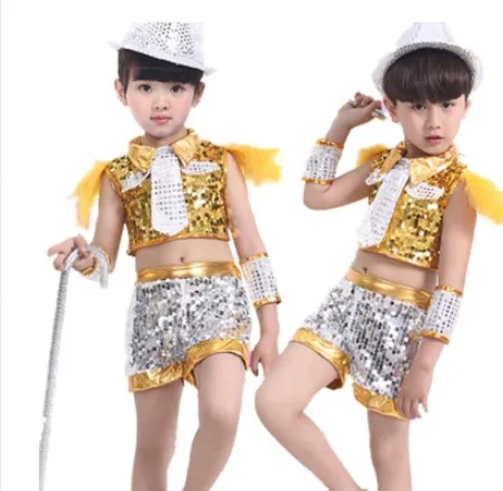 boy girl pants set Детская одежда с пайетками, комплект для детей, сценическое шоу, джазовый танец, блестящая подвеска одежда Кепка, жилет, брюки для мальчиков и девочек, сценическое платье - Цвет: boy girl pants set