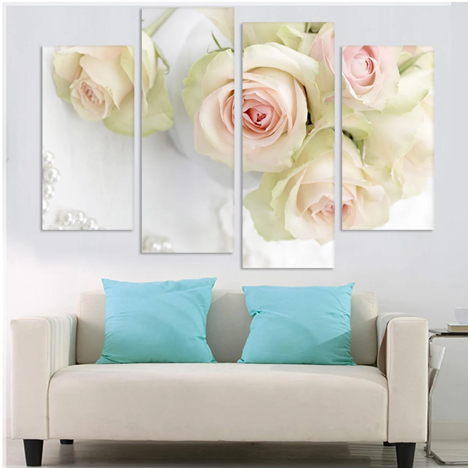 

2017 art design 4 panel white rose Flower Large HD Picture Modern Home Wall Decor Canvas Print Painting House Decorate quadros