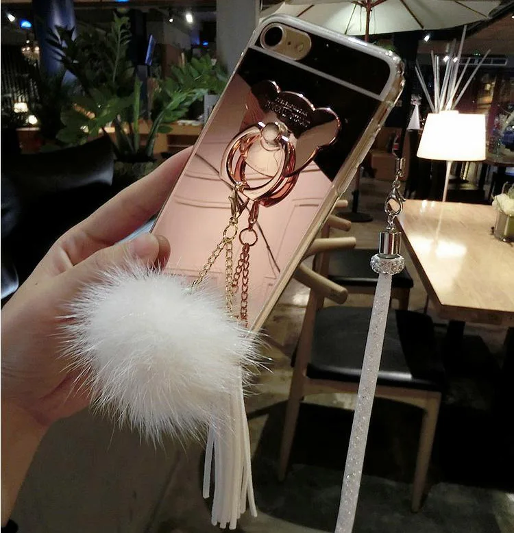 Rose Gold White Зеркальный чехол для телефона iphone XS MAX XR X 7 8 Plus 6 6 S Plus 5 5S SE скатерть с кисточками и меховыми шариками зеркальный медведь кольцо Пряжка мягкая - Цвет: Rose Gold White