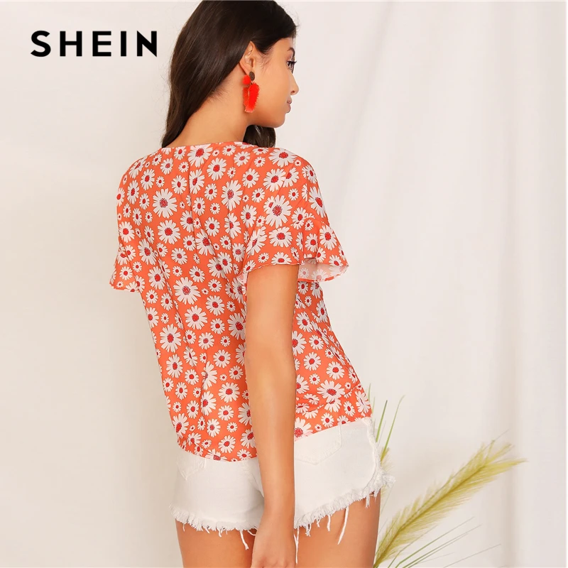 SHEIN, оранжевый топ с завязками на шее, цветочный принт, блузка, женские богемные топы,, с рюшами, короткий рукав, v-образный вырез, летние блузки