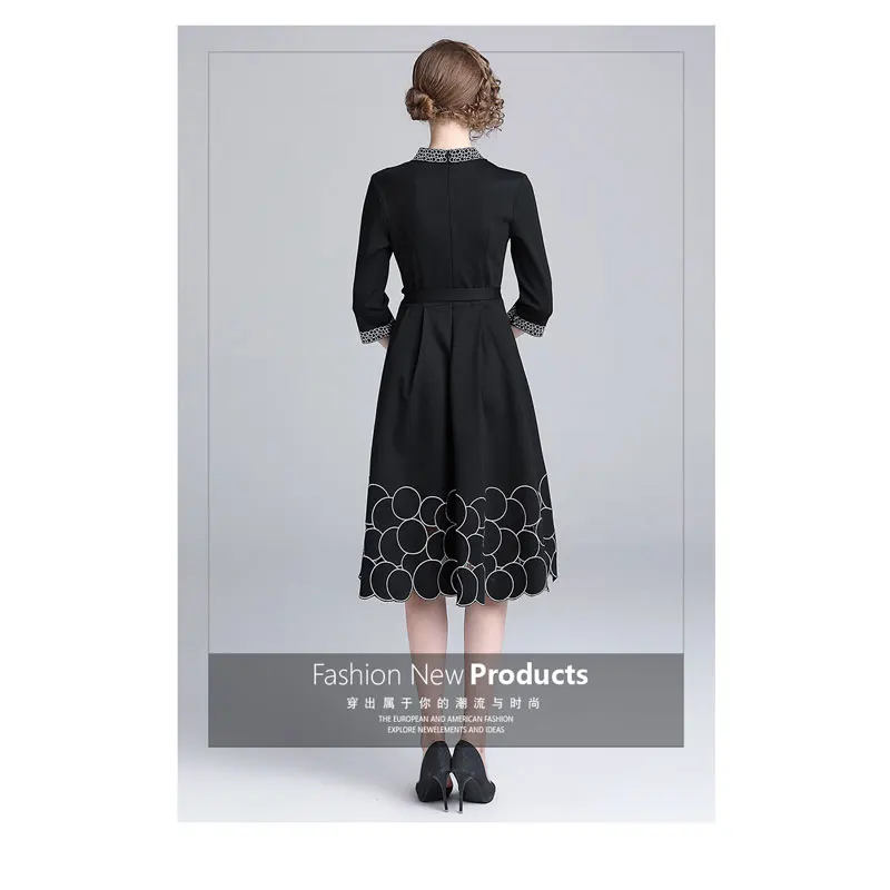 2019 New Black Runway A-line Work Wear Office Dress Womens Ladies Elegant V-neck Embroidery Embroidered Round Belt Dresses | Женская