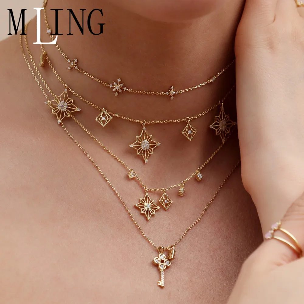 MLING, винтажное медное ожерелье из циркона, ожерелье, модное, снежинка, ключ, звезда, кулон, ожерелье для женщин