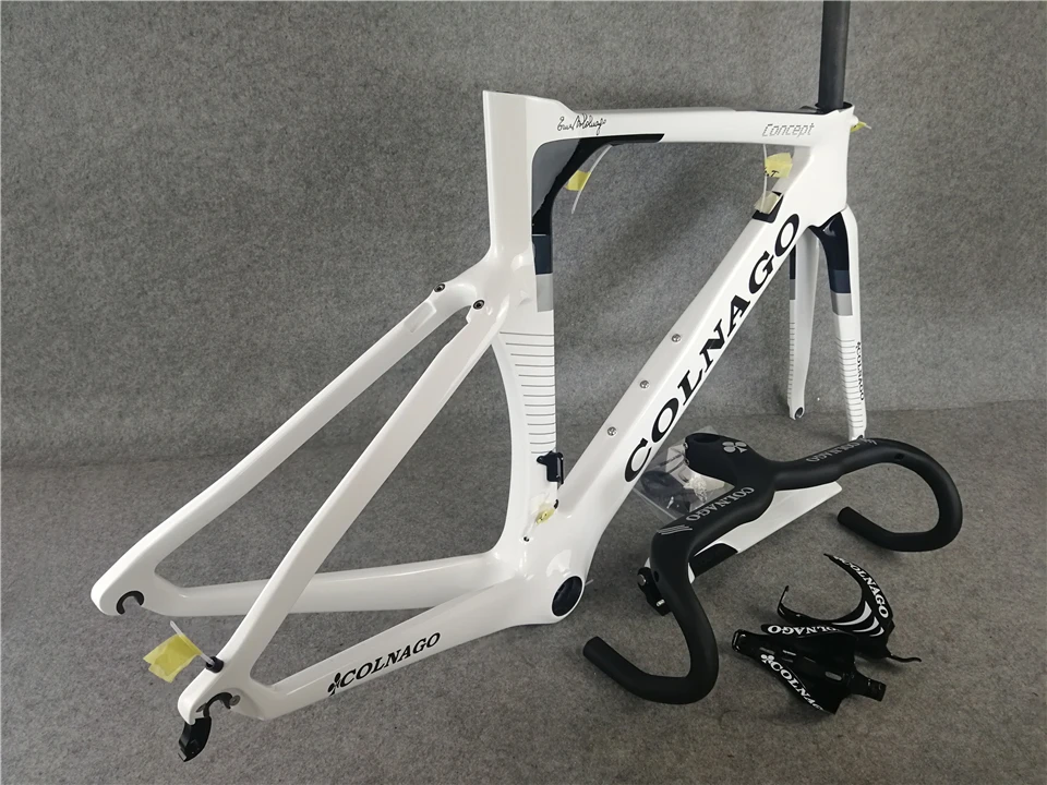 Глянцевая велосипедная Рама Colnago с белым Карбоновым покрытием+ руль Colnago серебристого цвета+ карбоновые бутылки colnago