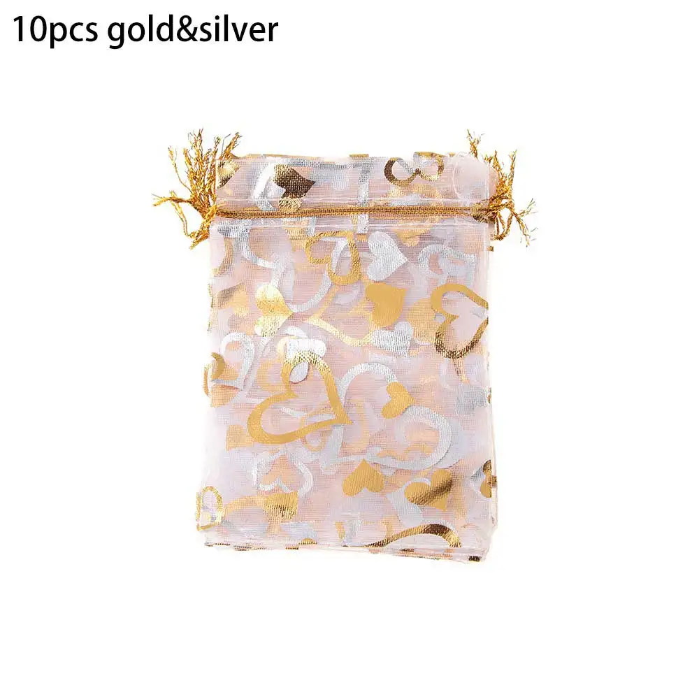 goldsilver 10 шт., 7x9/9x12/13x18 см, подарочная Сумка из органзы с сердечком, милая конфетная посылка, для свадьбы, на шнурке, мешочек для украшений, яркие вечерние украшения - Цвет: goldsilver