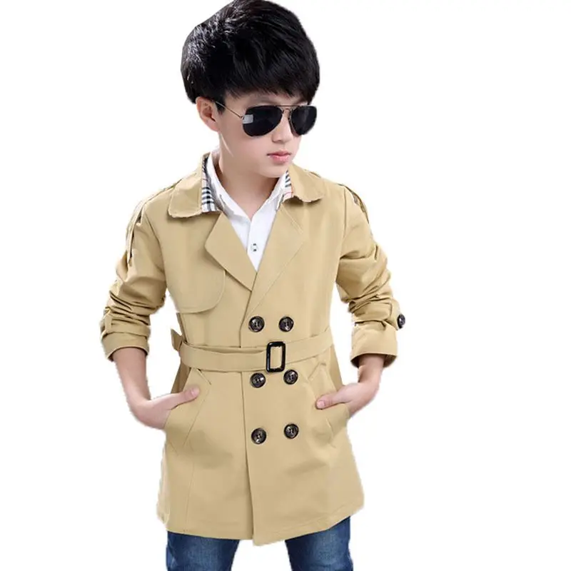 2017 Новинка весны и осень мальчиков длинный плащ сплошной цвет пальто двубортный