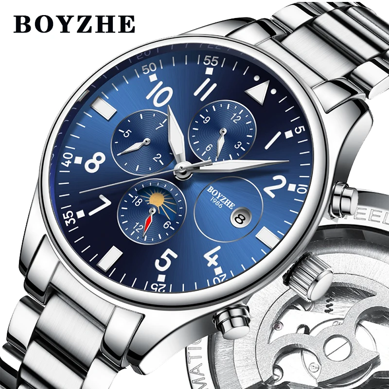 BOYZHE 2018 Новые Мужские автоматические механические часы из нержавеющей стали