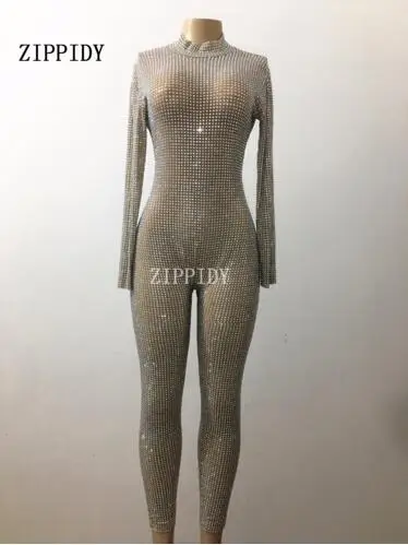 nude Модные блестящие полный комбинезон со стразами для выпускного гламурный комбинезон наряд для празднования вечеринок блестят кристаллы сценический костюм шоу - Цвет: nude