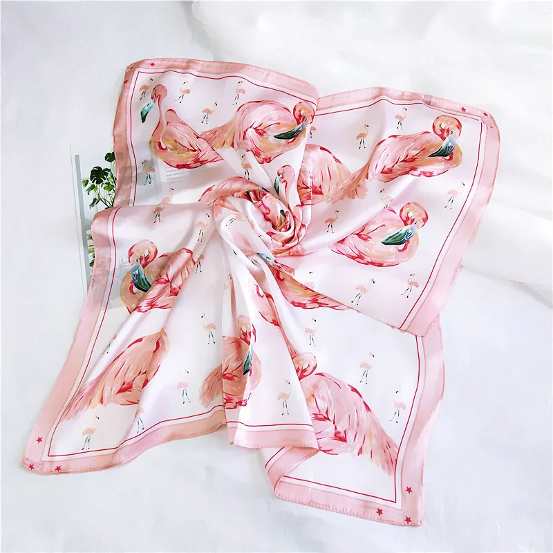 

Yishine 70*70 CM Women Multifunction Polyester Silk Scarf Flamingos Prints Spring Summer Satin Small Square Wraps Scarves Shawl