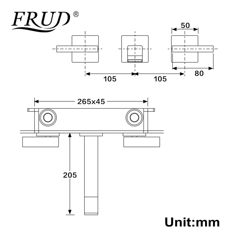 Черный квадратный простой смеситель для раковины Frud матовый настенный с двойной