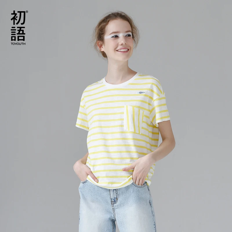 Toyouth футболки Лето 2017 г. женщины футболка хлопок вышивка в полоску повседневные