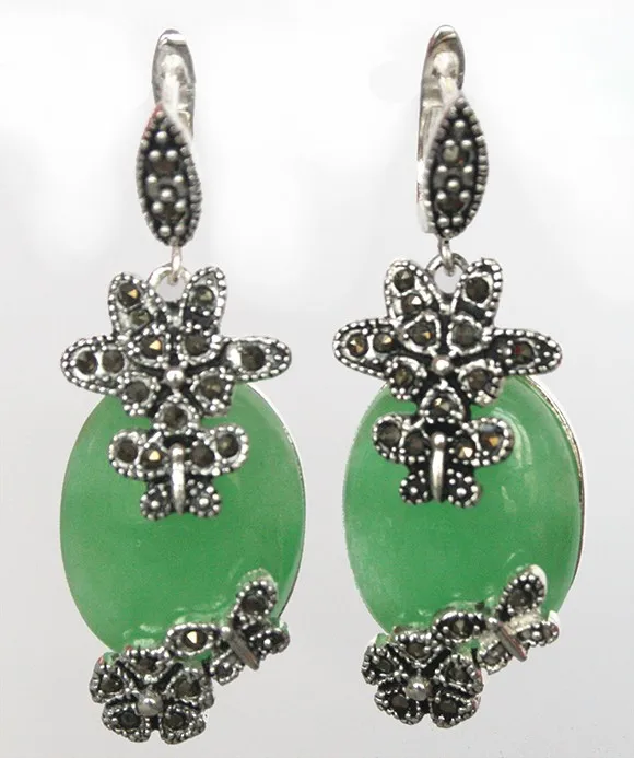 

NATURAL GREEN Natural Stone 925 STERLING SILVER Silver natural gem/stone/coral/opal Marcasite Earrings