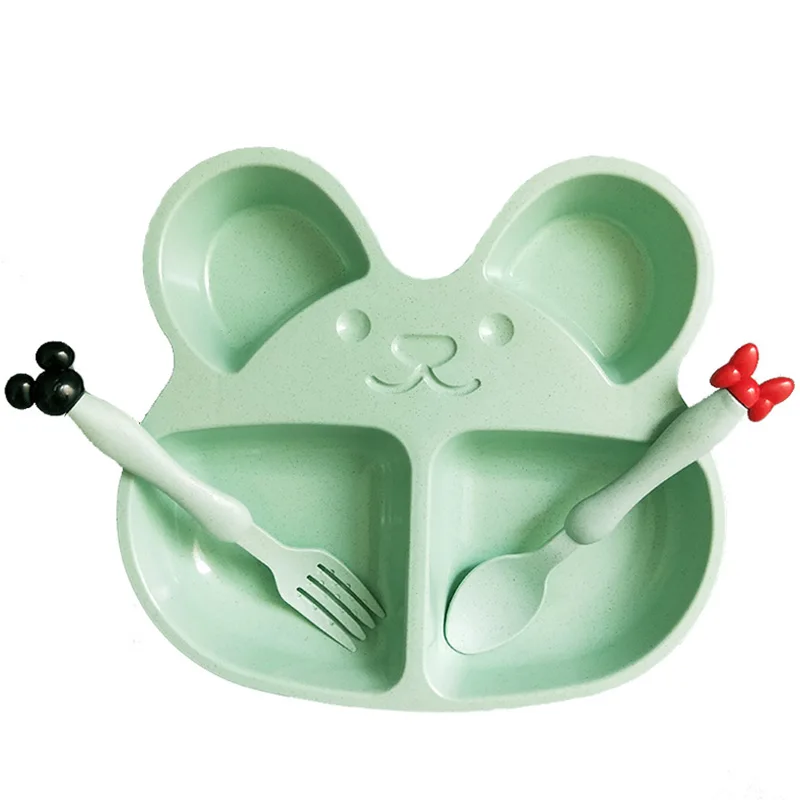 Green 3pcs set Росицки пшеничной соломы дети тарелки Детские Обучающие чаши для детских бутылочек, посуда для малышей, с милым медведем набор посуды детская посуда из полиуретана с открытыми порами упаковка - Цвет: Green 3pcs set