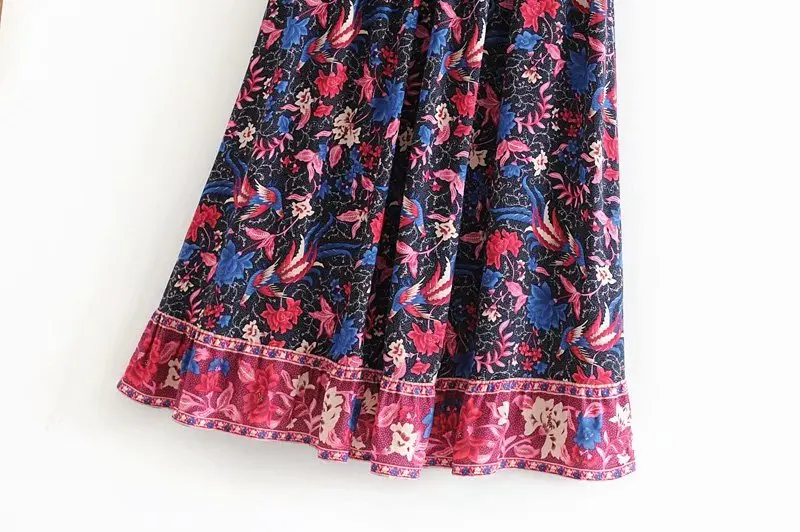 Vintage chic women Hippie birds floral print beach Bohemian pleated skirt High Elastic Waist Maxi A-Line Boho Skirt Femme