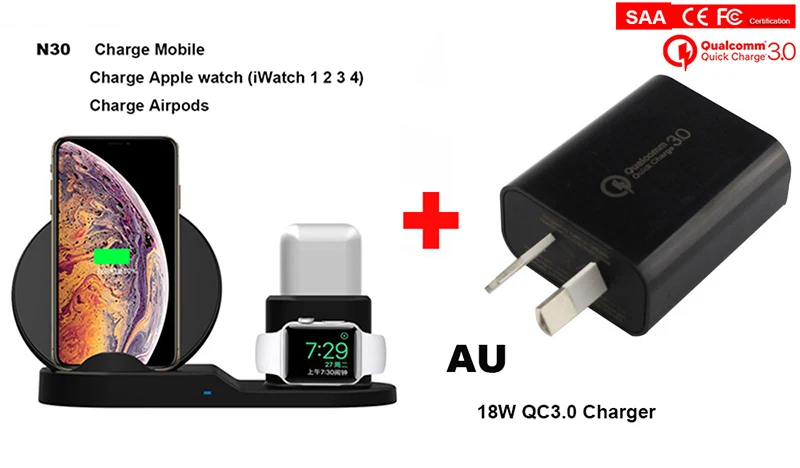 3 в 1 Быстрое беспроводное зарядное устройство для Apple Watch iWatch 1 2 3 4 5 Airpods QI Беспроводное зарядное устройство док-станция для iPhone 11 Pro XR XS MAX - Тип штекера: add qc3.0 charger AU