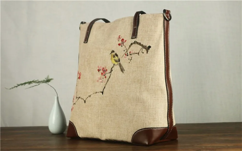 Китайский национальный стиль Холщовая Сумка через плечо PU ручная роспись Цветок
