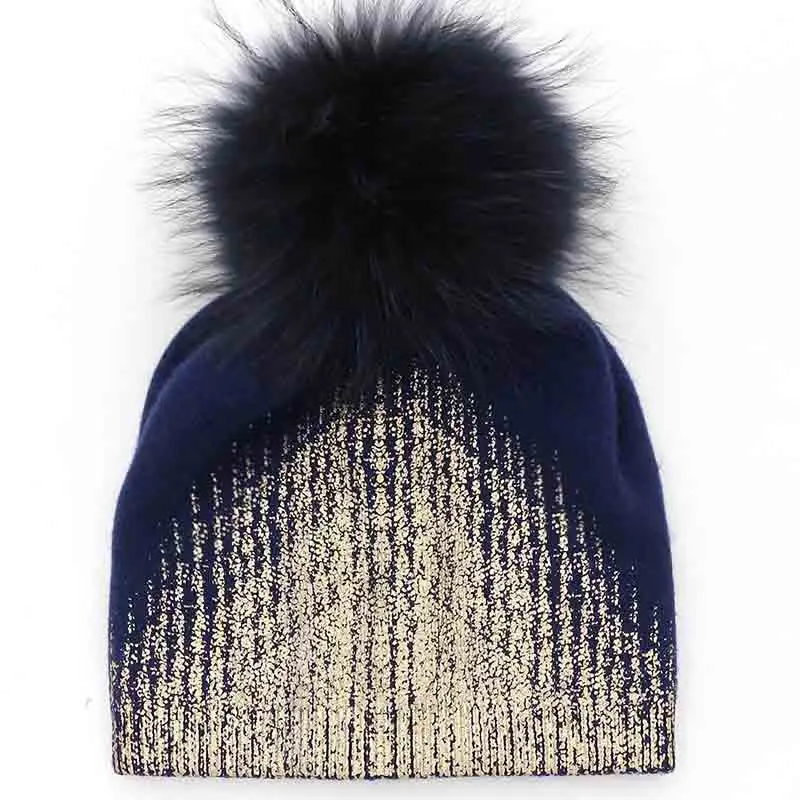 navy blue2 GZHilovingL мягкая теплая женская зимняя вязаная шапочка шапка с меховым помпоном золотая металлическая шерсть толстые меховые шапки шапка для девочек - Цвет: navy blue2