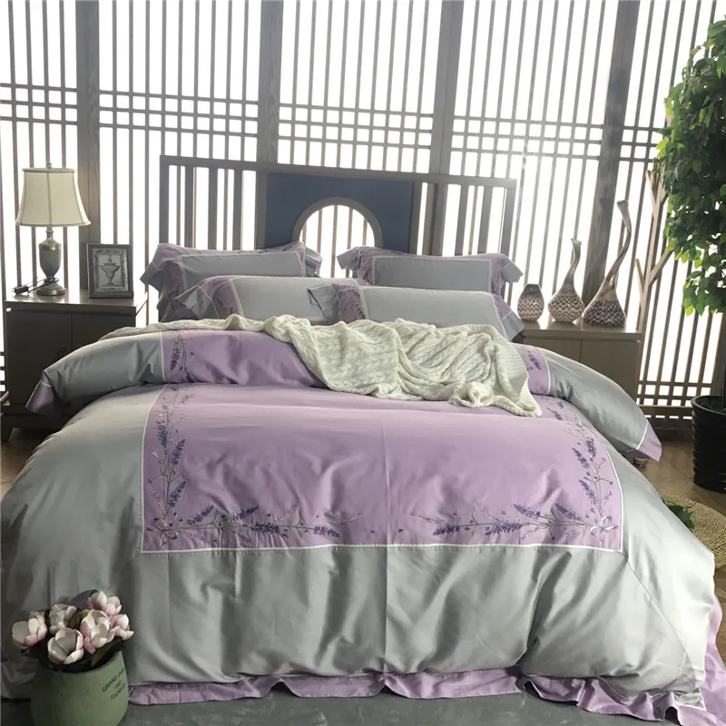 4 шт. серый пододеяльник наволочка Комплект постельного белья с вышитыми цветами