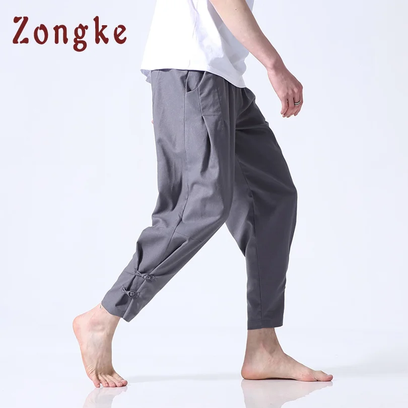 Zongke китайский Стиль уличная шаровары Для мужчин ботильоны Длина льняные брюки