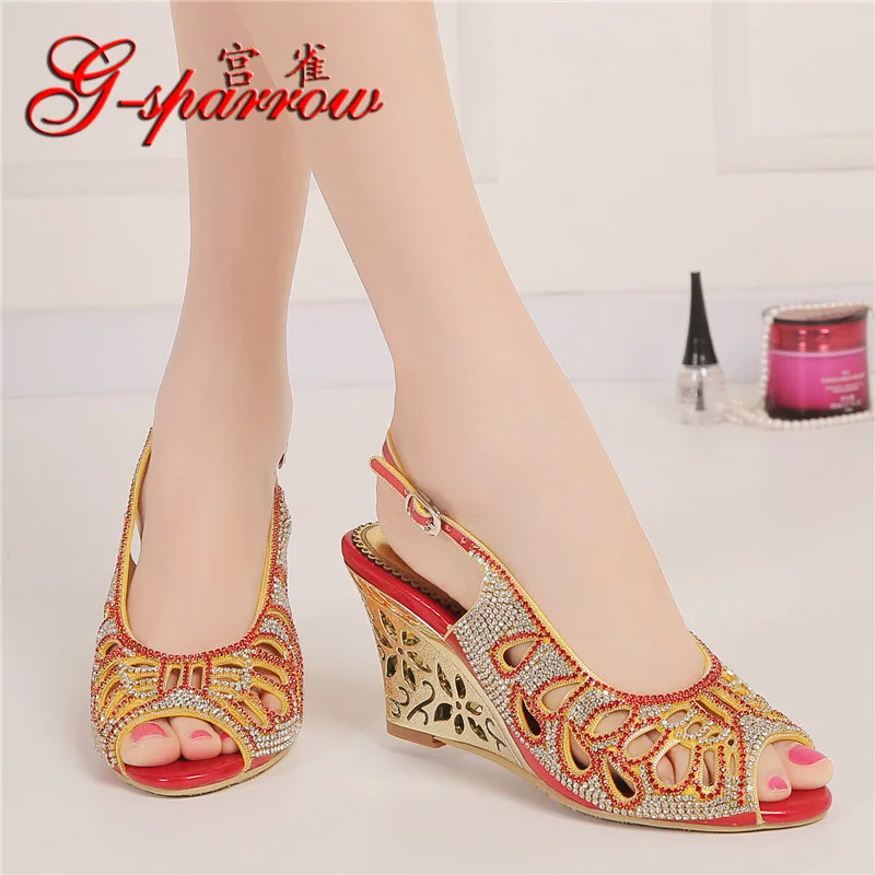 

Summer Fashion Sexy Princess Crystal Red High Heel Peep Toe Pumps Diamond Sandals Wedding Shoes