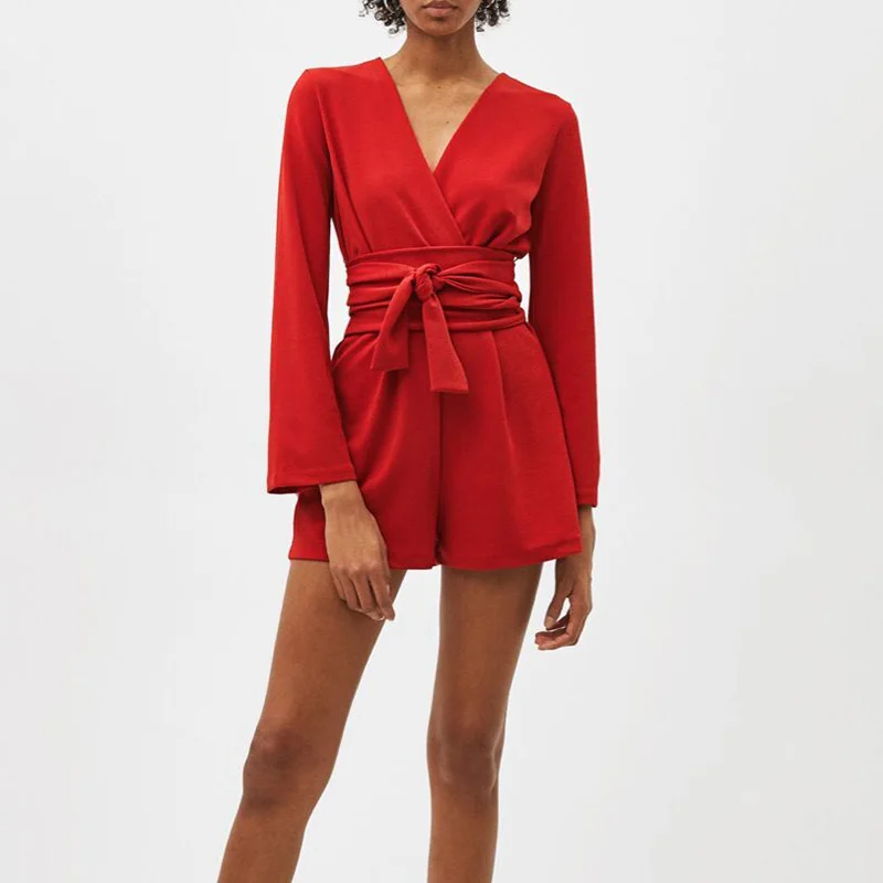 JuneLove Women Long Flare Sleeve Playsuits Vintage Sexy V-Neck Female Solid Casual Sashes Loose Lady Romper | Женская одежда