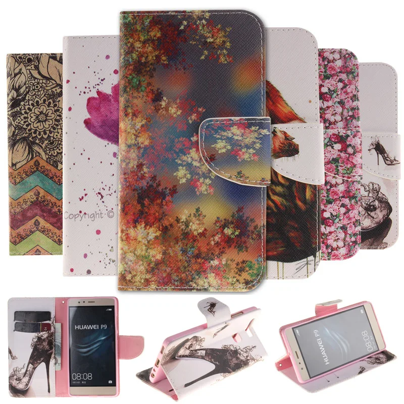 Модный Цветной Чехол книжка из искусственной кожи с подставкой для Huawei P8 P9 / Lite