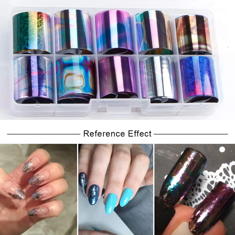 Set E 10 шт. голографическое искусство ногтей DIY наклейки 2,5 см* 100 см Советы Обертывания ногтей фольга рулон переноса клей блестки Акриловые DIY украшения - Цвет: Set E