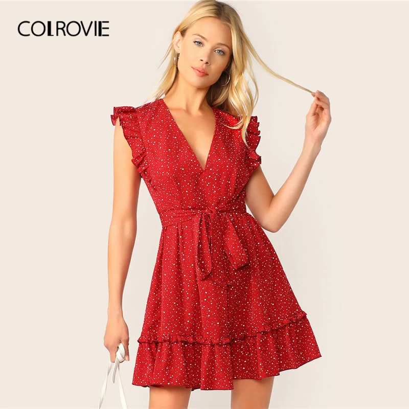 COLROVIE, красное платье в горошек с v-образным вырезом и рюшами, с проймой, с поясом, женское платье, лето, бохо, без рукавов, гламурные, тонкие, короткие платья