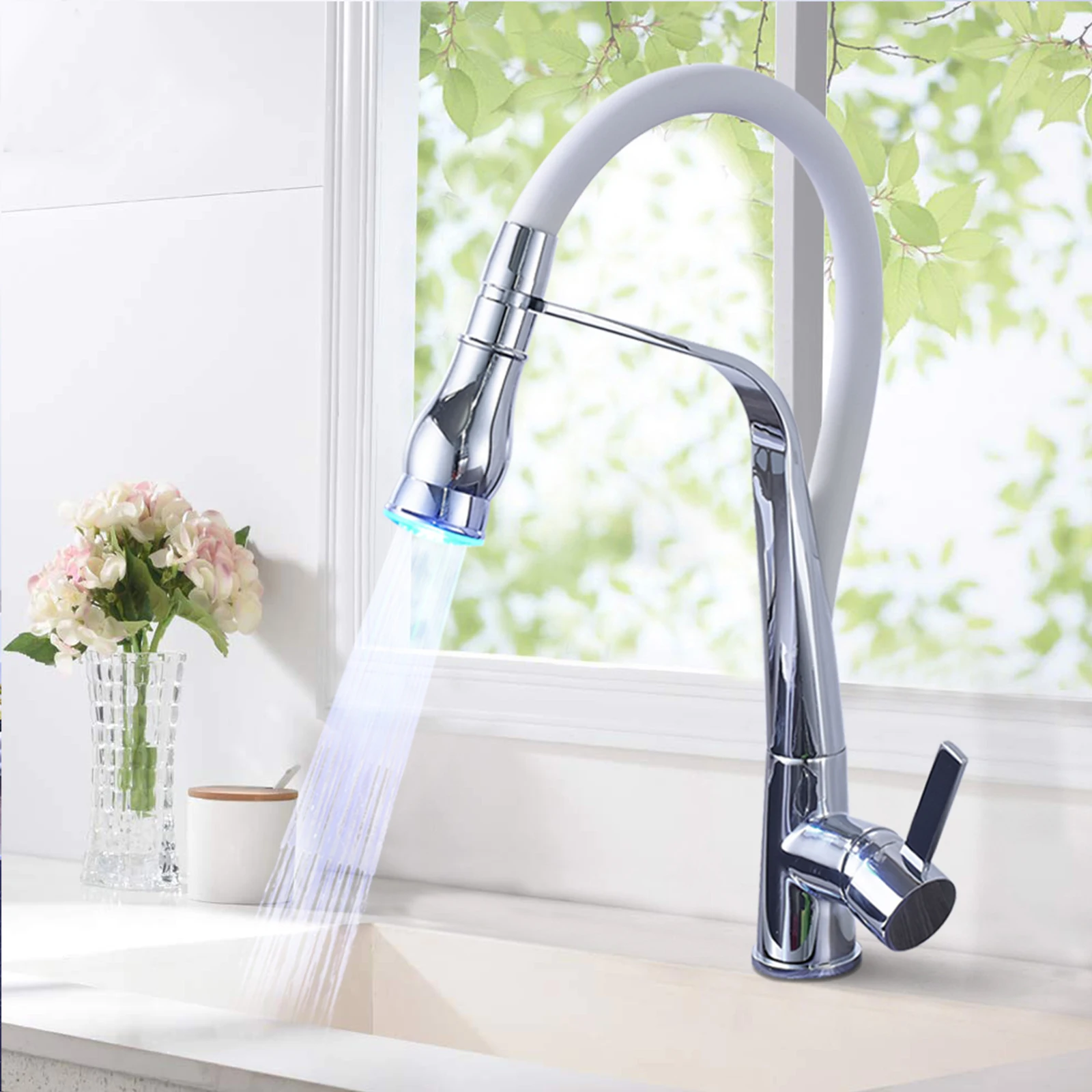 SHBSHAIMY Unique Design Chrome LED Kitchen Faucet Deck Mounted Pull Out Single Handle Hole Vessel Sink Mixer Tap Hot & Cold |