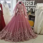 Женское свадебное платье с вуалью, розовое турецкое мусульманское платье с длинным рукавом и кружевной аппликацией, арабское платье для невесты