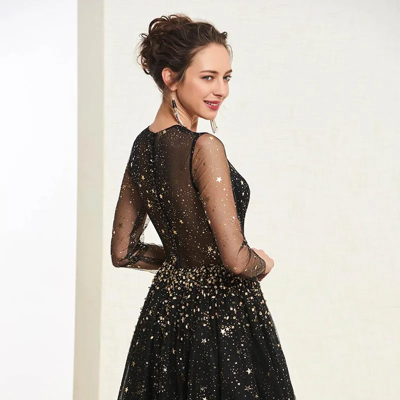 Tanpell кружевные Выпускные платья черные блестки с длинными рукавами длиной до