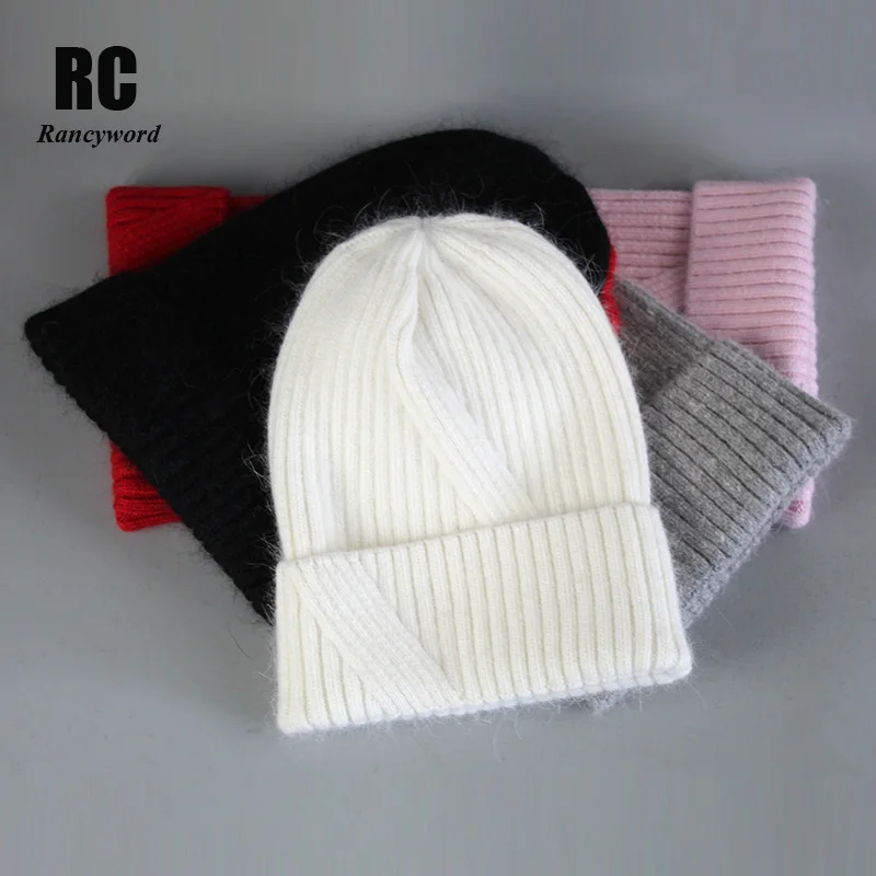 

[Rancyword] Women Hats Winter Angora Hat For Women Rabbit Fur Pompom Caps Warm beanies Thick Winter Hats For Women RC2054