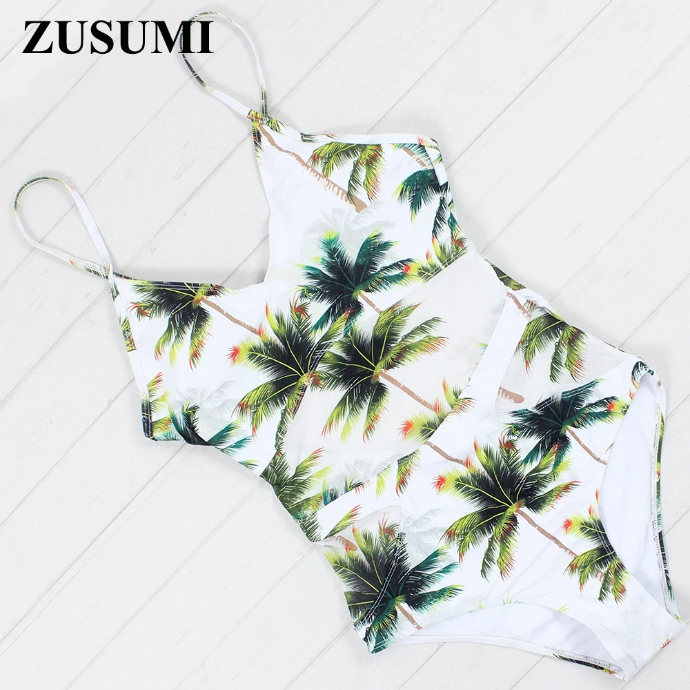 ZUSUMI Backless Swimwear Woman Mesh Monokini Trees Print One Piece Swimsuit 2018 New Maillot De Bain Cut Out Beach Bathing Suit | Спорт и