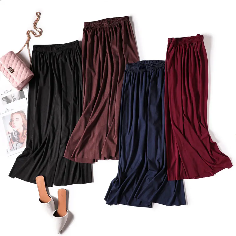 

VRIGINER Summer Loose Ice Silk Striped Wide Leg Pants Women Elastic Waist Thin Chiffon Trouser Vintage Plus Size Beach Leggings