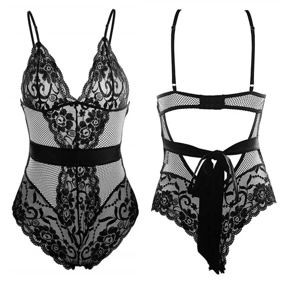 Sexy Women Floral Lace Hollow Out Twisted Lingerie Transparent Bodysuit Sleeveless V-neck Fishnet Bandage Playsuit Romper Black |