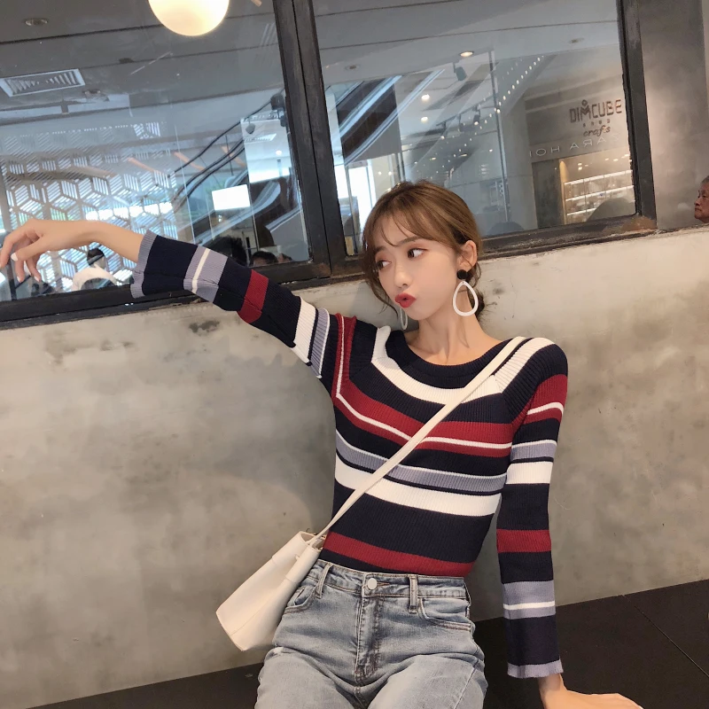 2019 autumn winter Korean wild models Geometric color matching Bell sleeve slim stretch sweater women clothing |
